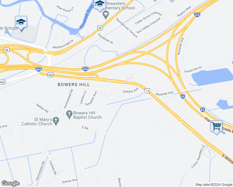map of restaurants, bars, coffee shops, grocery stores, and more near 4524 Moonlight Way in Chesapeake