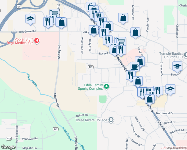 map of restaurants, bars, coffee shops, grocery stores, and more near 2698 Hickman Road in Poplar Bluff