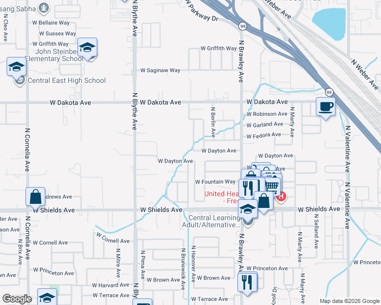 map of restaurants, bars, coffee shops, grocery stores, and more near 3205 North Hanover Avenue in Fresno