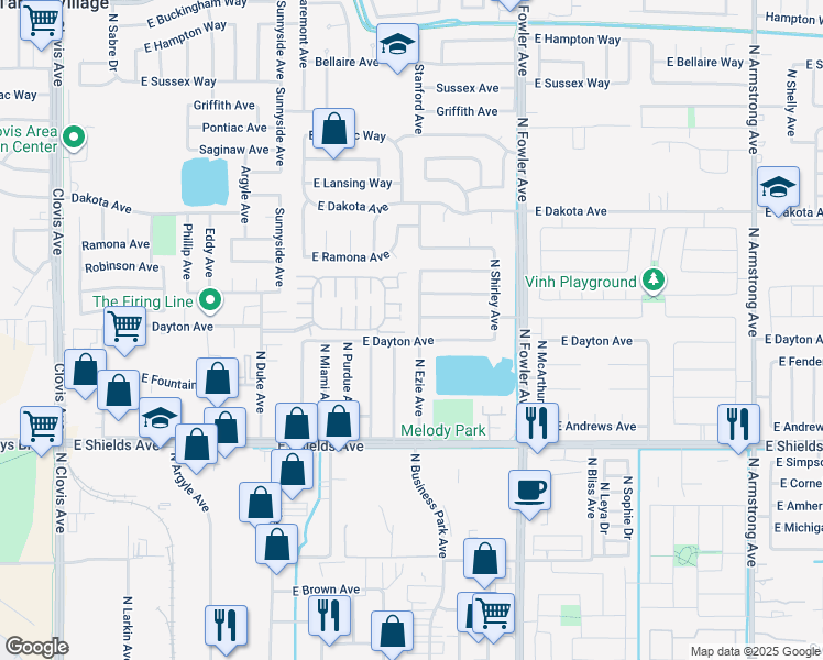 map of restaurants, bars, coffee shops, grocery stores, and more near 3615 North Ezie Avenue in Fresno