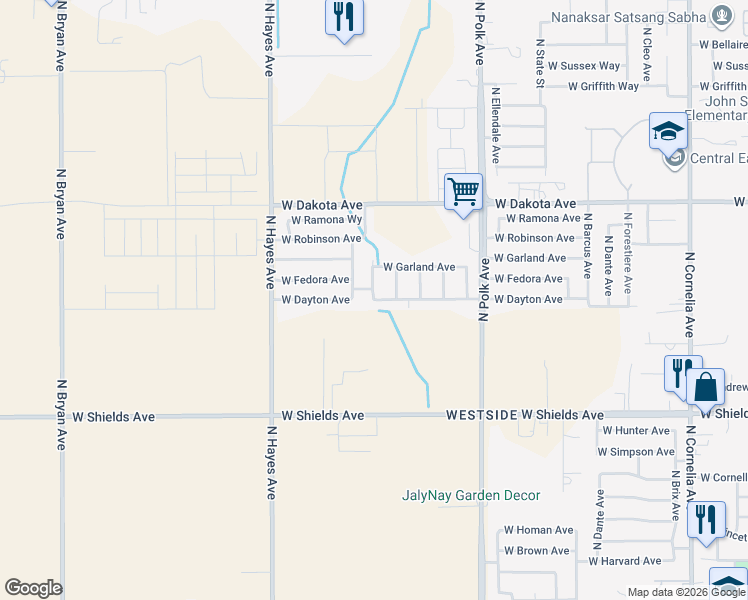 map of restaurants, bars, coffee shops, grocery stores, and more near 5804 W Dayton Ave in Fresno