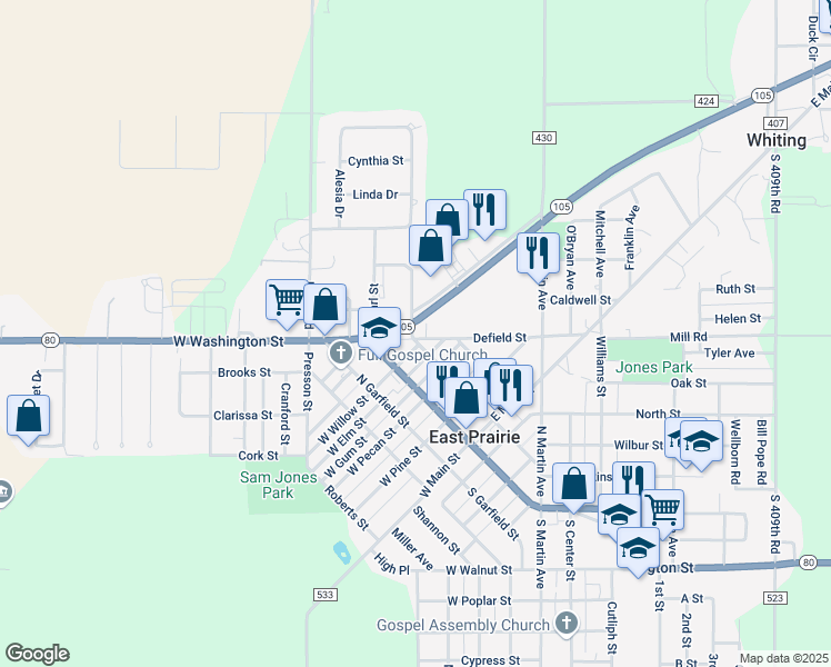 map of restaurants, bars, coffee shops, grocery stores, and more near 304 Defield Street in East Prairie