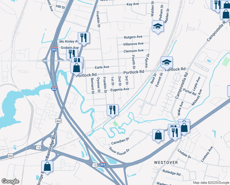 map of restaurants, bars, coffee shops, grocery stores, and more near 4125 1st Street in Chesapeake