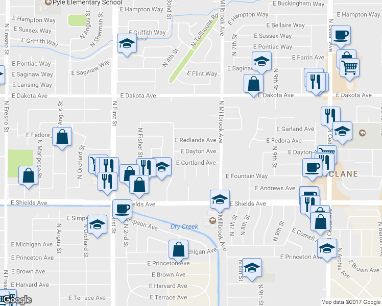 map of restaurants, bars, coffee shops, grocery stores, and more near 3482 East Dayton Avenue in Fresno