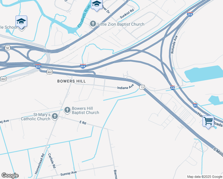 map of restaurants, bars, coffee shops, grocery stores, and more near 4528 Moonlight Way in Chesapeake