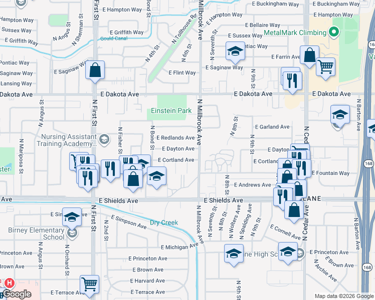 map of restaurants, bars, coffee shops, grocery stores, and more near 3606 East Dayton Avenue in Fresno