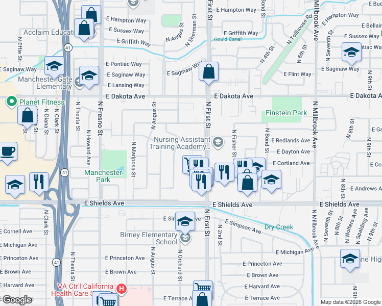 map of restaurants, bars, coffee shops, grocery stores, and more near 3509 North First Street in Fresno
