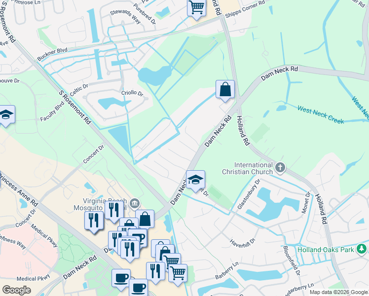 map of restaurants, bars, coffee shops, grocery stores, and more near 1728 Purpose Drive in Virginia Beach