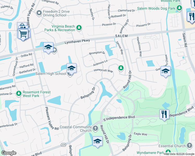 map of restaurants, bars, coffee shops, grocery stores, and more near 1912 Bunnell Court in Virginia Beach