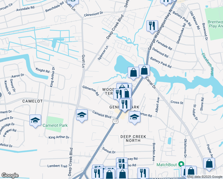 map of restaurants, bars, coffee shops, grocery stores, and more near 1106 Red Maple Road in Chesapeake