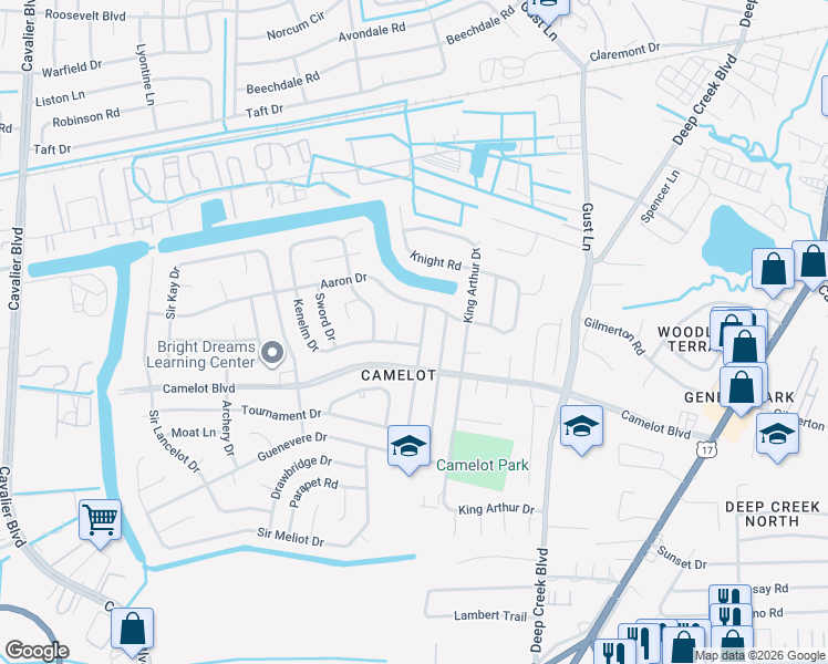 map of restaurants, bars, coffee shops, grocery stores, and more near 1112 Sean Drive in Chesapeake