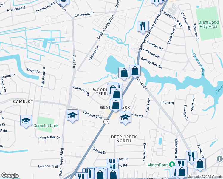 map of restaurants, bars, coffee shops, grocery stores, and more near 1121 Red Maple Road in Chesapeake