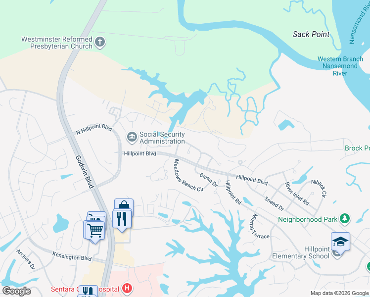 map of restaurants, bars, coffee shops, grocery stores, and more near 3200 Strata Ct in Suffolk