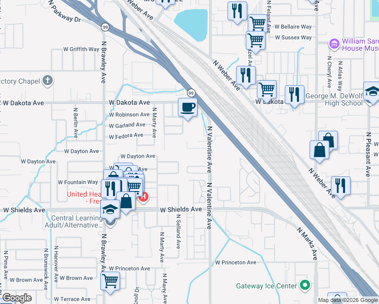 map of restaurants, bars, coffee shops, grocery stores, and more near 3207 North Valentine Avenue in Fresno