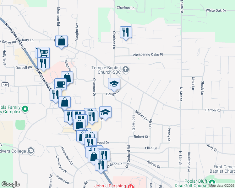 map of restaurants, bars, coffee shops, grocery stores, and more near 2404 Baugh Lane in Poplar Bluff
