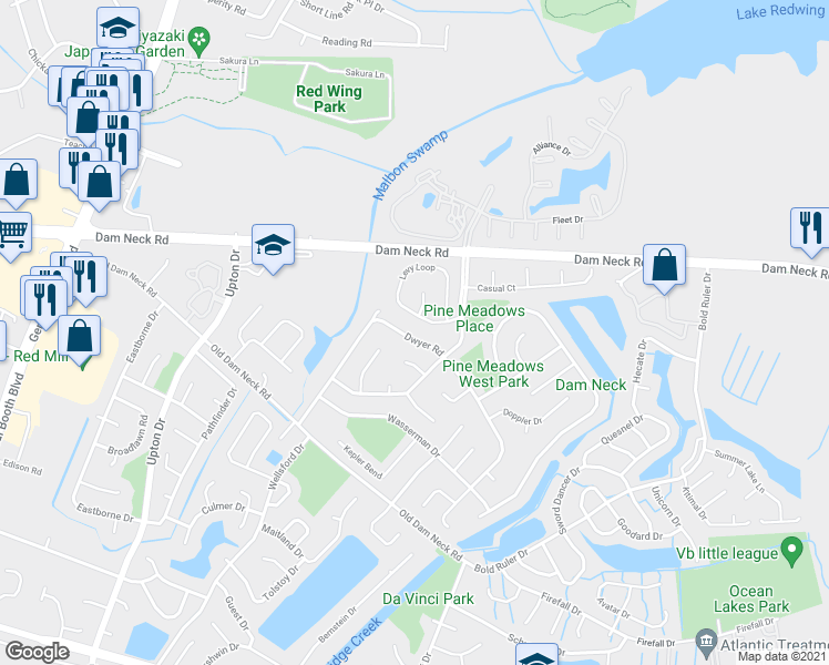 map of restaurants, bars, coffee shops, grocery stores, and more near 820 Dwyer Road in Virginia Beach