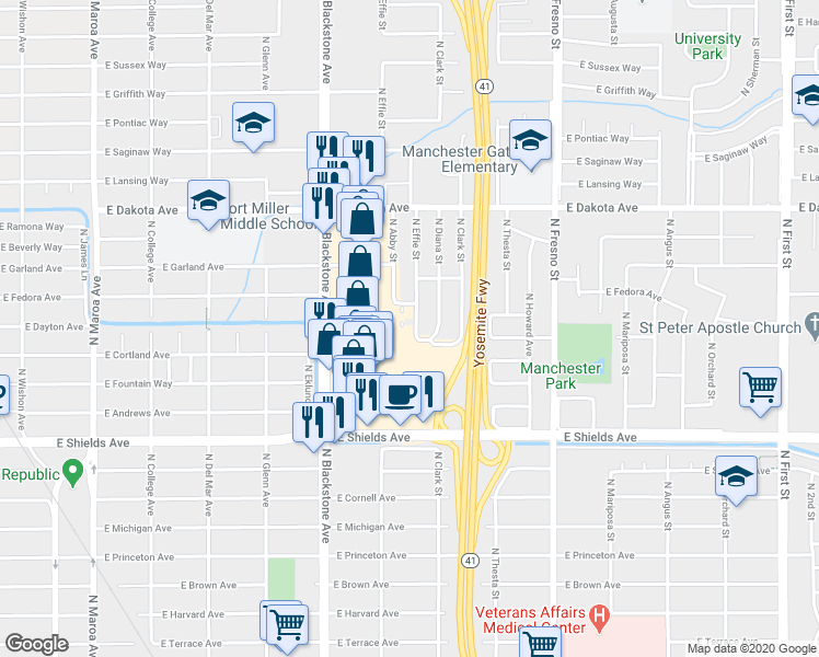 map of restaurants, bars, coffee shops, grocery stores, and more near 3607 North Effie Street in Fresno