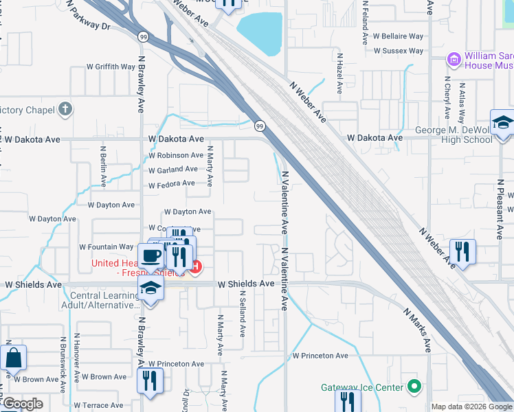 map of restaurants, bars, coffee shops, grocery stores, and more near 3207 North Valentine Avenue in Fresno
