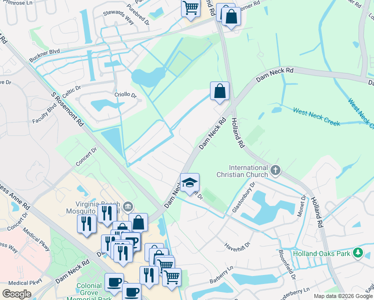 map of restaurants, bars, coffee shops, grocery stores, and more near 1740 Madison Crossing Lane in Virginia Beach