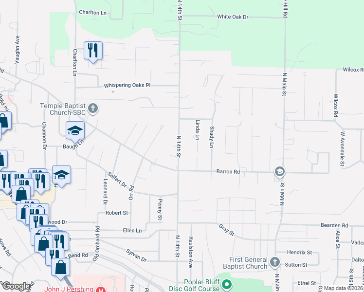 map of restaurants, bars, coffee shops, grocery stores, and more near 2600 North 14th Street in Poplar Bluff