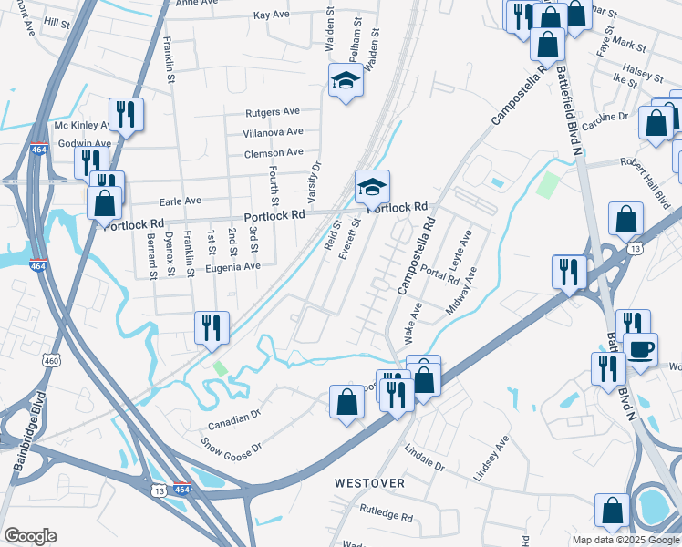 map of restaurants, bars, coffee shops, grocery stores, and more near 4145 Williamson Street in Chesapeake