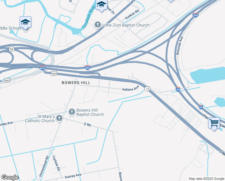 map of restaurants, bars, coffee shops, grocery stores, and more near Moonlight Way in Chesapeake