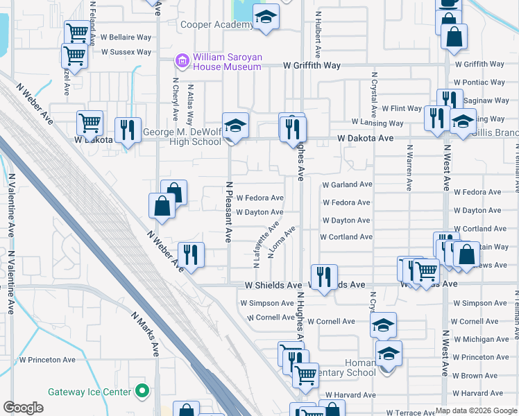 map of restaurants, bars, coffee shops, grocery stores, and more near 2316 West Dayton Avenue in Fresno