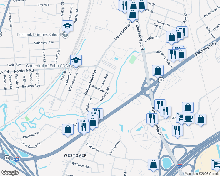 map of restaurants, bars, coffee shops, grocery stores, and more near 2040 Midway Avenue in Chesapeake