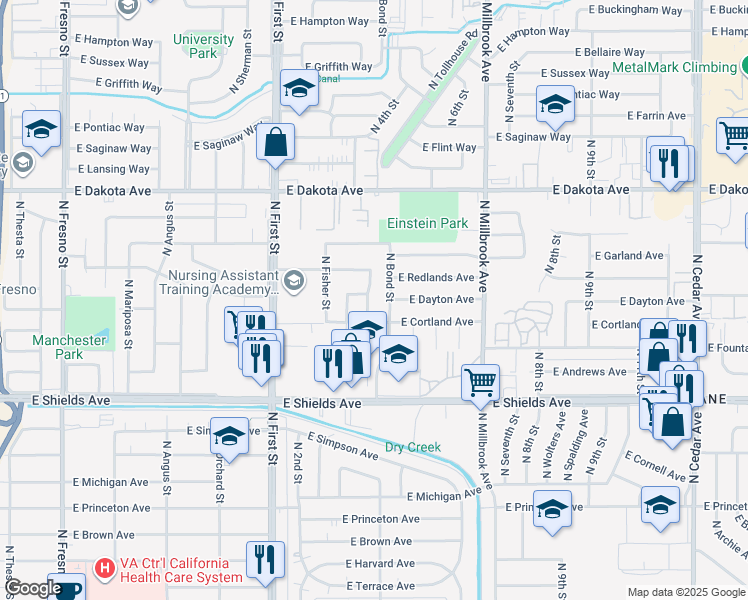 map of restaurants, bars, coffee shops, grocery stores, and more near 3422 East Dayton Avenue in Fresno