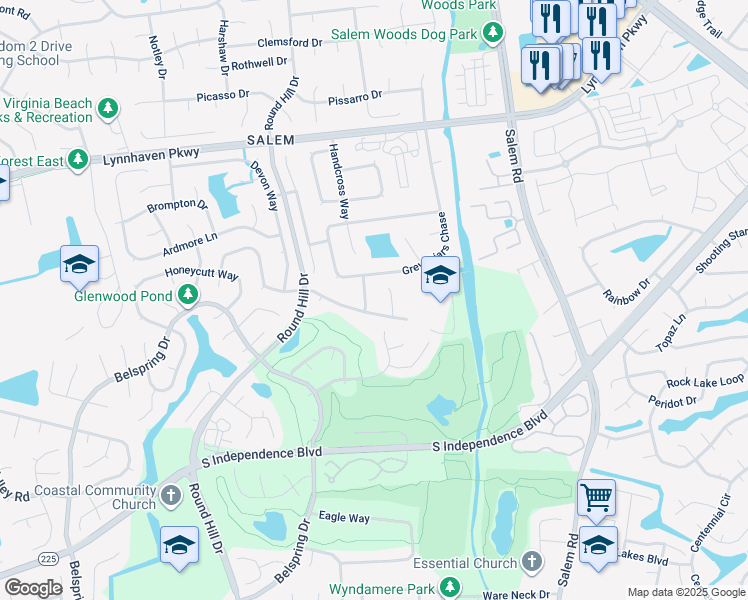 map of restaurants, bars, coffee shops, grocery stores, and more near 1712 Brightwell Place in Virginia Beach