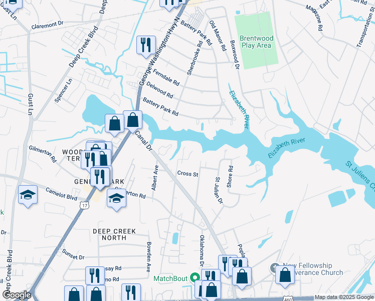 map of restaurants, bars, coffee shops, grocery stores, and more near 1108 Dane Street in Chesapeake