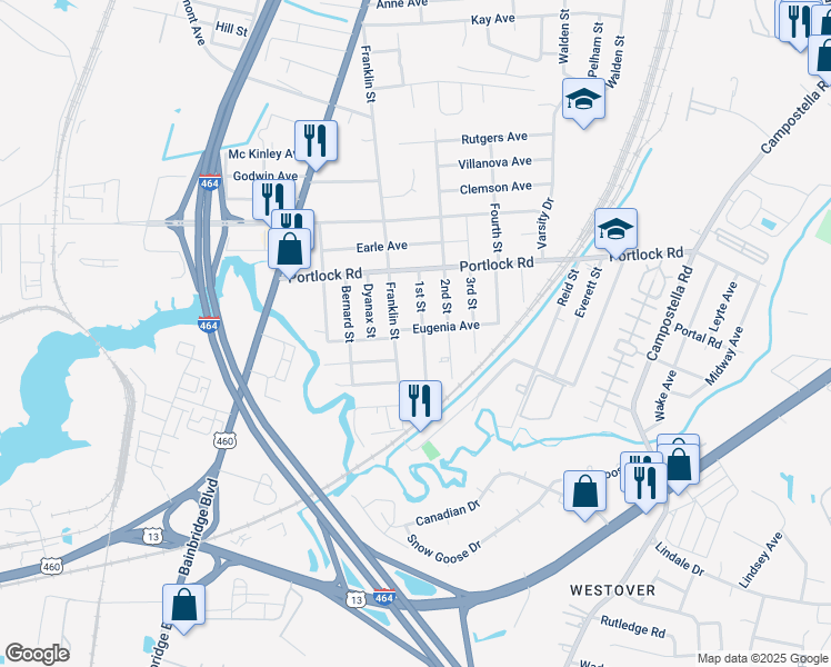 map of restaurants, bars, coffee shops, grocery stores, and more near 4125 1st Street in Chesapeake