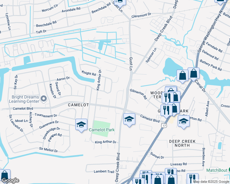 map of restaurants, bars, coffee shops, grocery stores, and more near 1126 Excalibur Street in Chesapeake