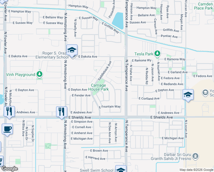map of restaurants, bars, coffee shops, grocery stores, and more near 3286 North Dee Ann Avenue in Fresno