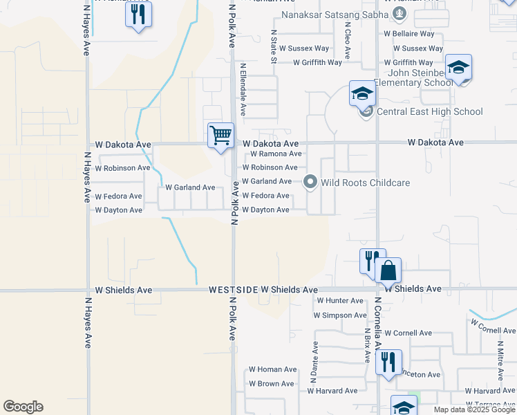map of restaurants, bars, coffee shops, grocery stores, and more near 5397 West Dayton Avenue in Fresno