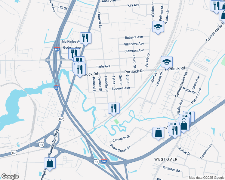 map of restaurants, bars, coffee shops, grocery stores, and more near 4125 1st Street in Chesapeake