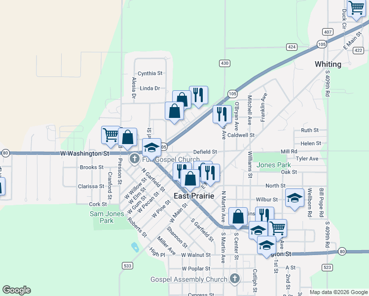 map of restaurants, bars, coffee shops, grocery stores, and more near 314-316 Defield Avenue in East Prairie