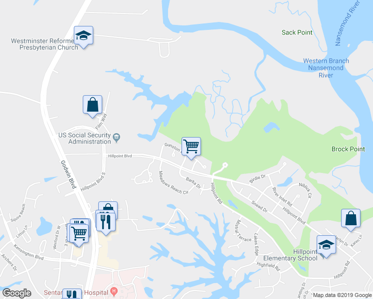 map of restaurants, bars, coffee shops, grocery stores, and more near 2709 Gunston Drive in Suffolk