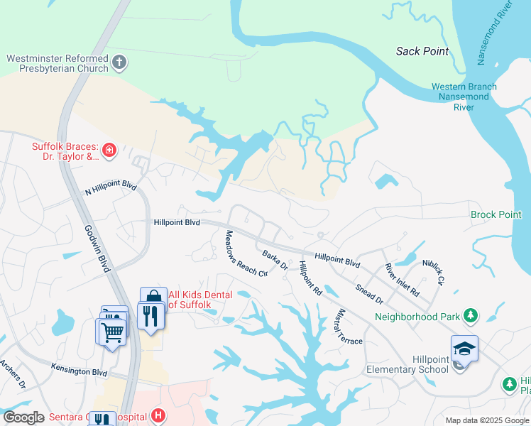 map of restaurants, bars, coffee shops, grocery stores, and more near 2709 Gunston Drive in Suffolk