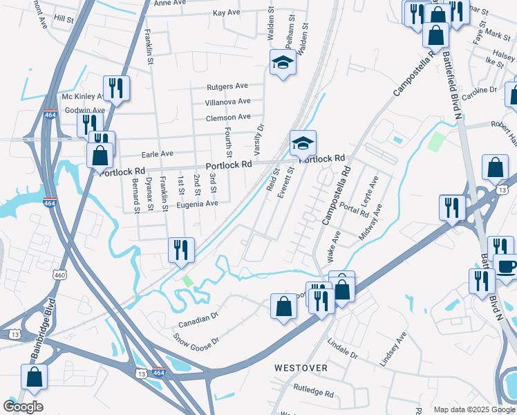map of restaurants, bars, coffee shops, grocery stores, and more near 4137 Reid Street in Chesapeake