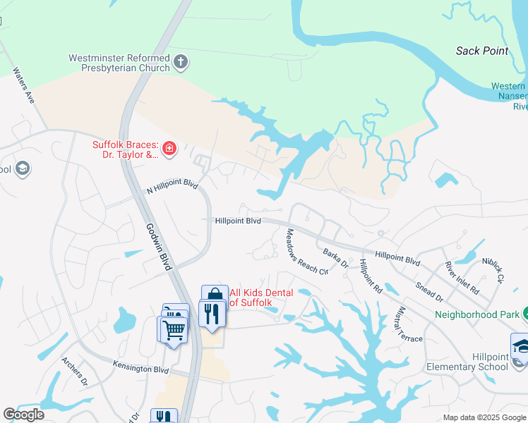 map of restaurants, bars, coffee shops, grocery stores, and more near 595 Hillpoint Boulevard in Suffolk