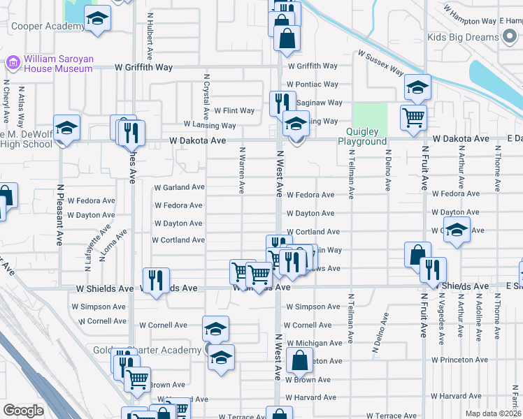 map of restaurants, bars, coffee shops, grocery stores, and more near 1344 West Dayton Avenue in Fresno