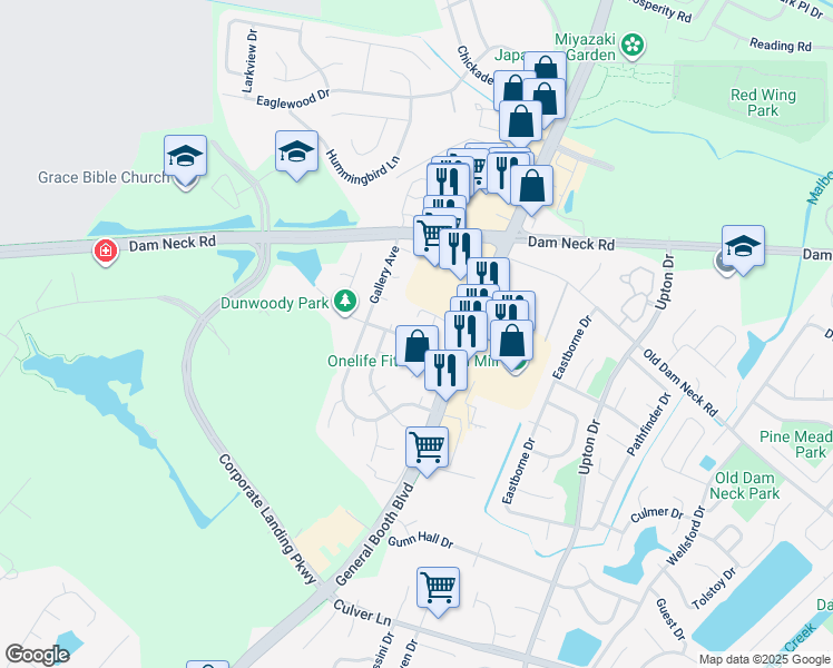 map of restaurants, bars, coffee shops, grocery stores, and more near 1120 Hubbell Drive in Virginia Beach