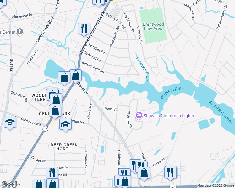 map of restaurants, bars, coffee shops, grocery stores, and more near 1117 Dane Street in Chesapeake