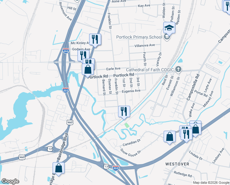 map of restaurants, bars, coffee shops, grocery stores, and more near 4120 Franklin Street in Chesapeake