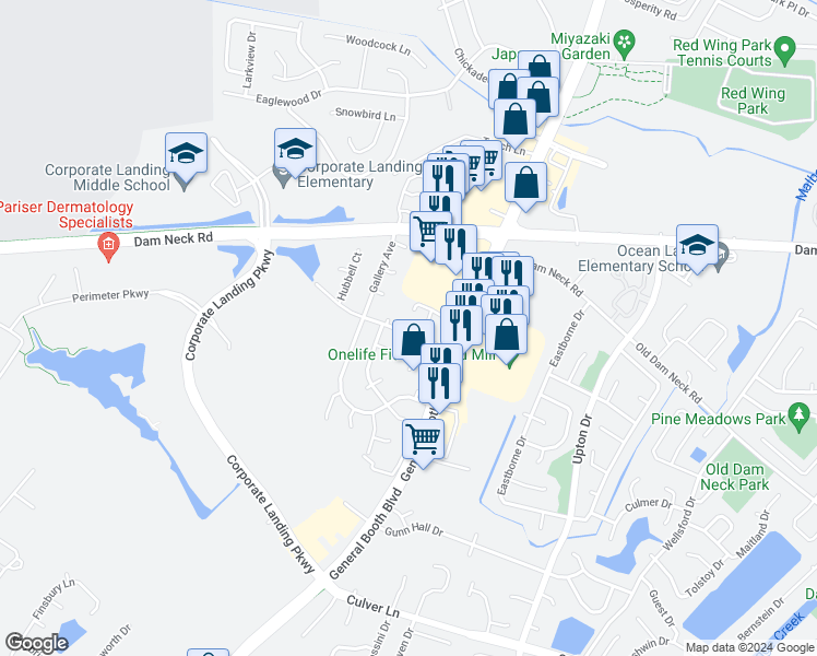 map of restaurants, bars, coffee shops, grocery stores, and more near 1124 Hubbell Drive in Virginia Beach