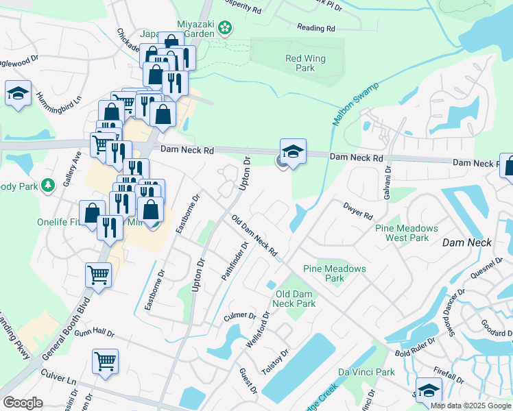 map of restaurants, bars, coffee shops, grocery stores, and more near 1624 Lockridge Court in Virginia Beach