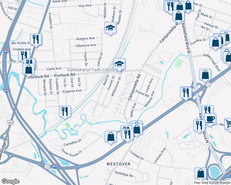 map of restaurants, bars, coffee shops, grocery stores, and more near 4145 Williamson Street in Chesapeake