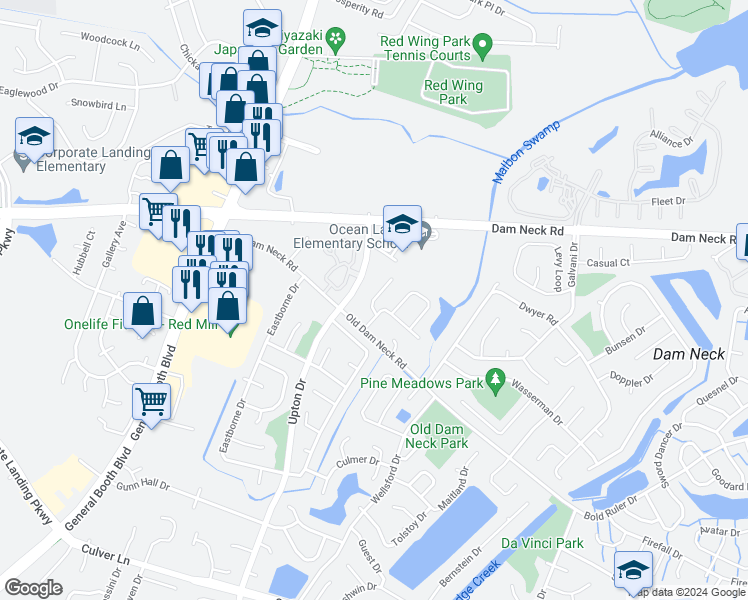 map of restaurants, bars, coffee shops, grocery stores, and more near 1636 Lockridge Court in Virginia Beach