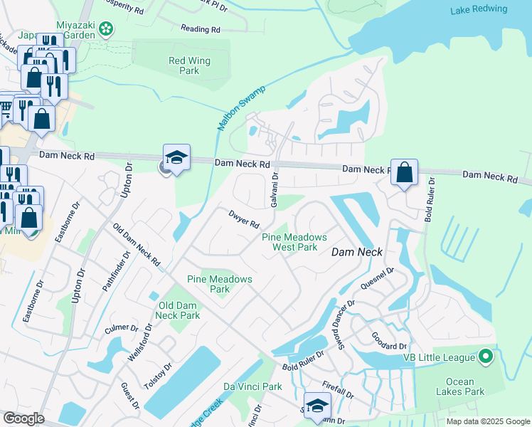 map of restaurants, bars, coffee shops, grocery stores, and more near 805 Levy Loop in Virginia Beach
